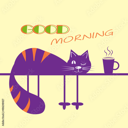 Cute cartoon cat sleeping with text. Isolated flat clip art illustration.