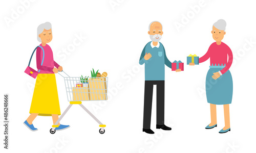 Aged Man and Woman Pensioner Character Engaged in Daily Activity Vector Illustration Set