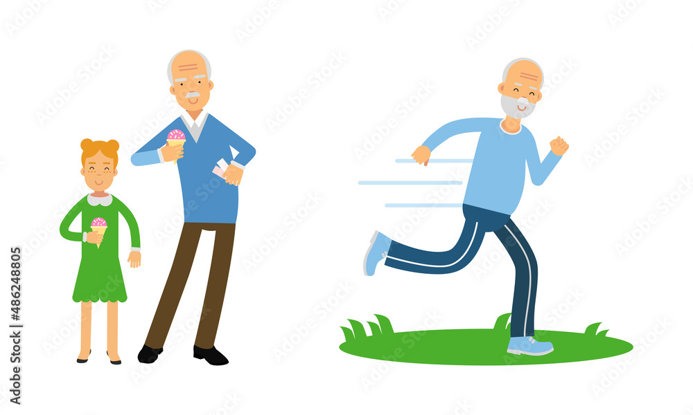 Aged Man Pensioner Character Engaged in Daily Activity Vector Illustration Set