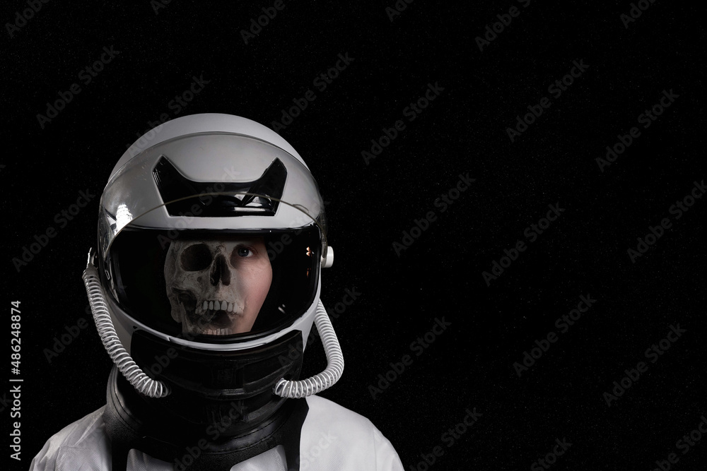 portrait of a female skeleton wearing a  space helmet