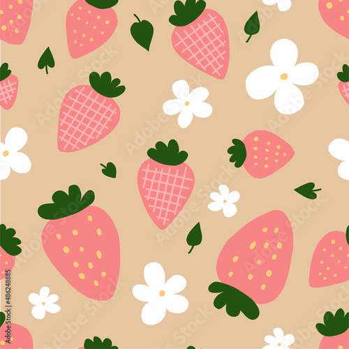 Strawberry vector illustration. Seamless pattern with berries and flowers in a flat style.