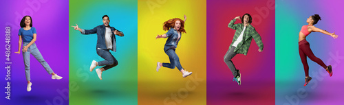 Excited millennial diverse people jumping up, flying in air, enjoying freedom over bright neon studio backgrounds