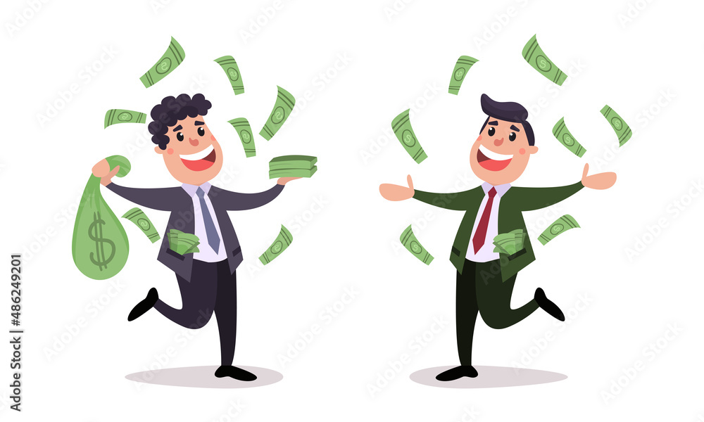 Rich Businessman Character Among Sacks with Dollar Banknotes Vector Illustration Set Rich Businessman Character Among Sacks with Dollar Banknotes Vector Illustration Set