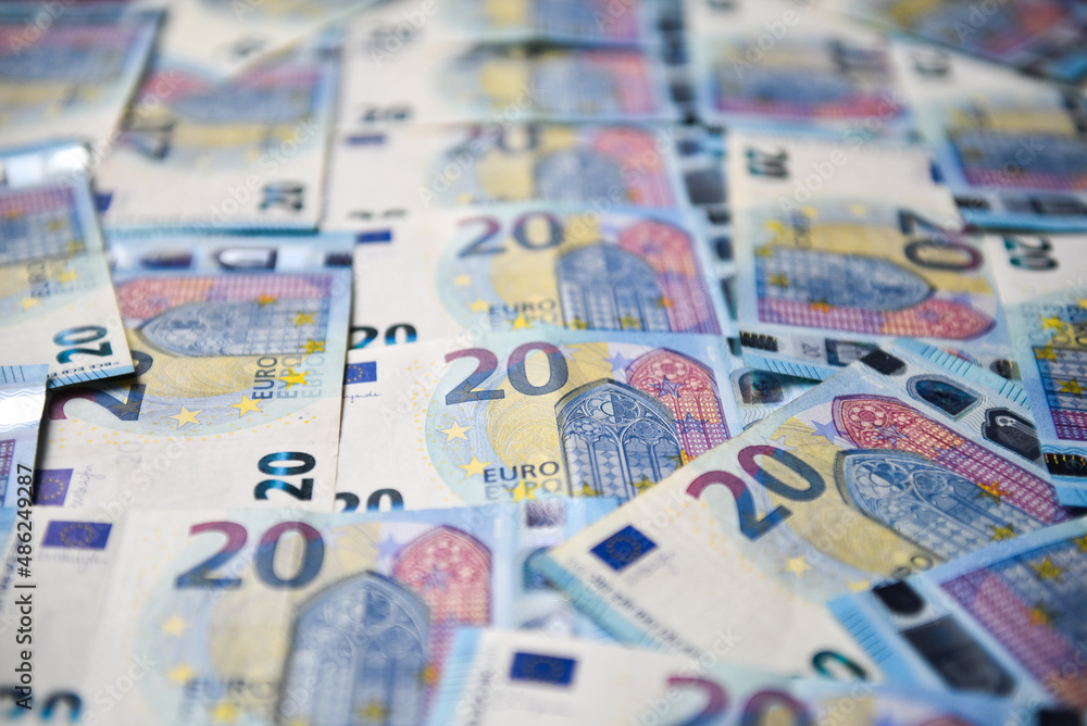 European money in banknotes of twenty euros - obrazy, fototapety, plakaty 