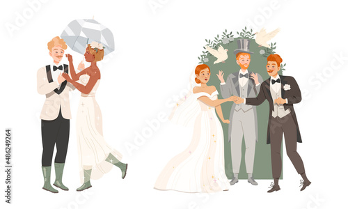 Affectionate Newlyweds Couple as Just Married Male and Female in Wedding Dress Holding Hands Vector Illustration Set