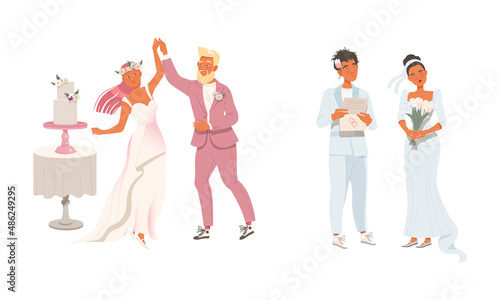 Affectionate Newlyweds Couple as Just Married Male and Female Dancing and Reading Wedding Vow Vector Illustration Set