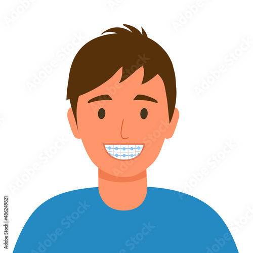 Smiling man with dental braces in flat design on white background. Orthodontic concept vector illustration.