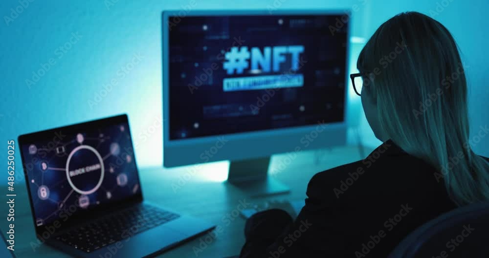 Young woman buying NFT on Ethereum Blockchain market - New Technology Token Concept Young woman buying NFT on Ethereum Blockchain market - New Technology Token Concept