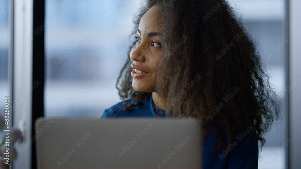 African american ceo woman enjoy working laptop drink morning coffee in office. African american ceo woman enjoy working laptop drink morning coffee in office.