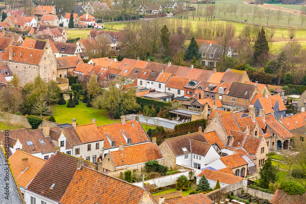 Obraz premium Aerial view of Damme town as seen from the top of Onze-Lieve-Vrouwekerk (Church of Our Lady) tower, Damme, Belgium