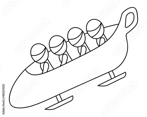 Bobsled. Sketch. A team of athletes makes a downhill sleigh ride called bob. Four athletes in protective helmets. Vector icon. Coloring book for children. Doodle style. Isolated background. 