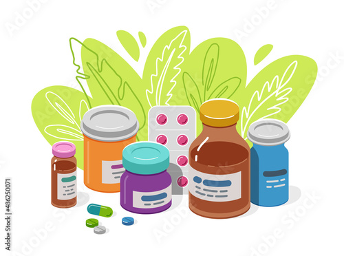 Set of medical preparations. Health supplements, medicine concept vector illustration