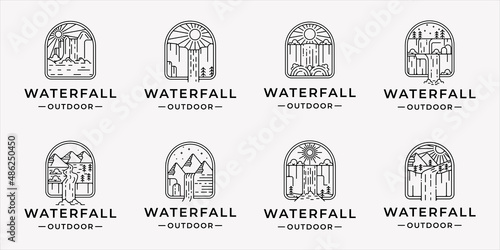 Fototapeta Naklejka Na Ścianę i Meble -  set of water fall logo line art simple minimalist vector illustration template icon graphic design. bundle collection of various badge of outdoor concept with typography