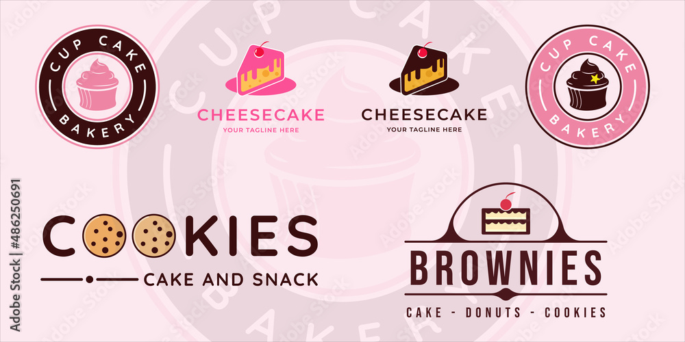 set of bakery cake logo modern vector illustration template icon graphic design. bundle collection of various cookies snack and brownies sign or symbol for cafe or business food and restaurant set of bakery cake logo modern vector illustration template icon graphic design. bundle collection of various cookies snack and brownies sign or symbol for cafe or business food and restaurant