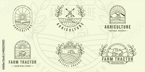 set of farm tractor agriculture line art logo vector illustration template icon graphic design. bundle collection of various landscape view with typography badge