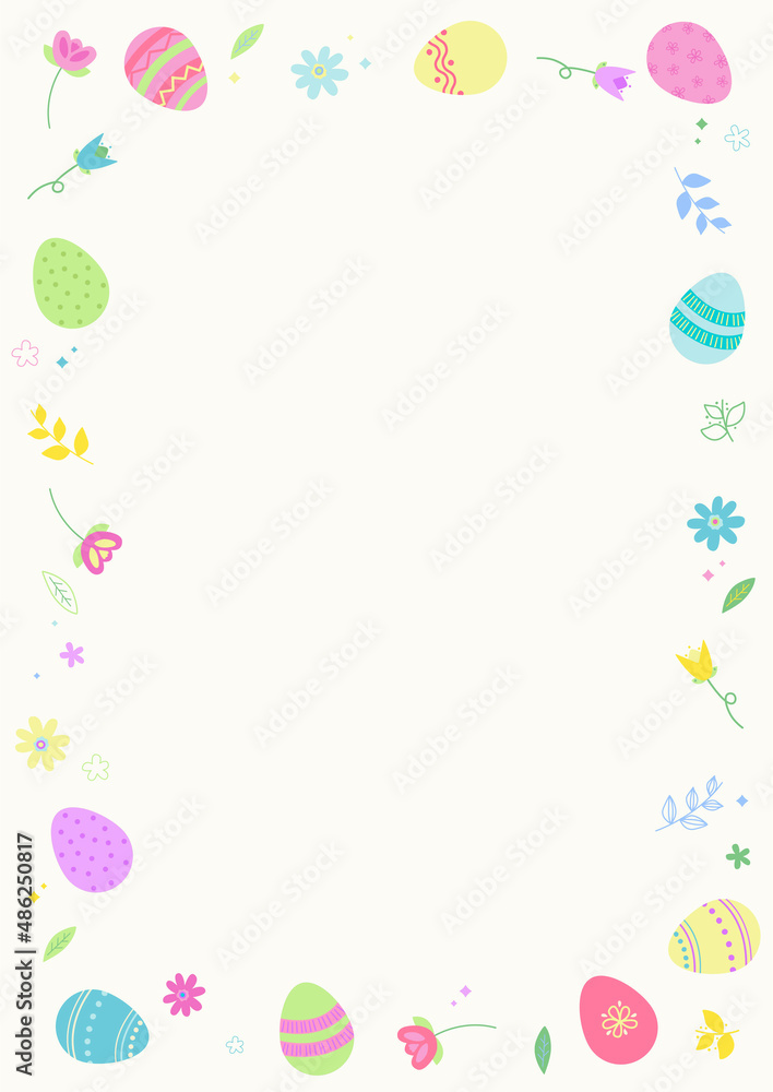 Colourful Easter themed border or frame with patterned Easter eggs and spring flowers on a light background. Space for text, A4 size. Colourful Easter themed border or frame with patterned Easter eggs and spring flowers on a light background. Space for text, A4 size.