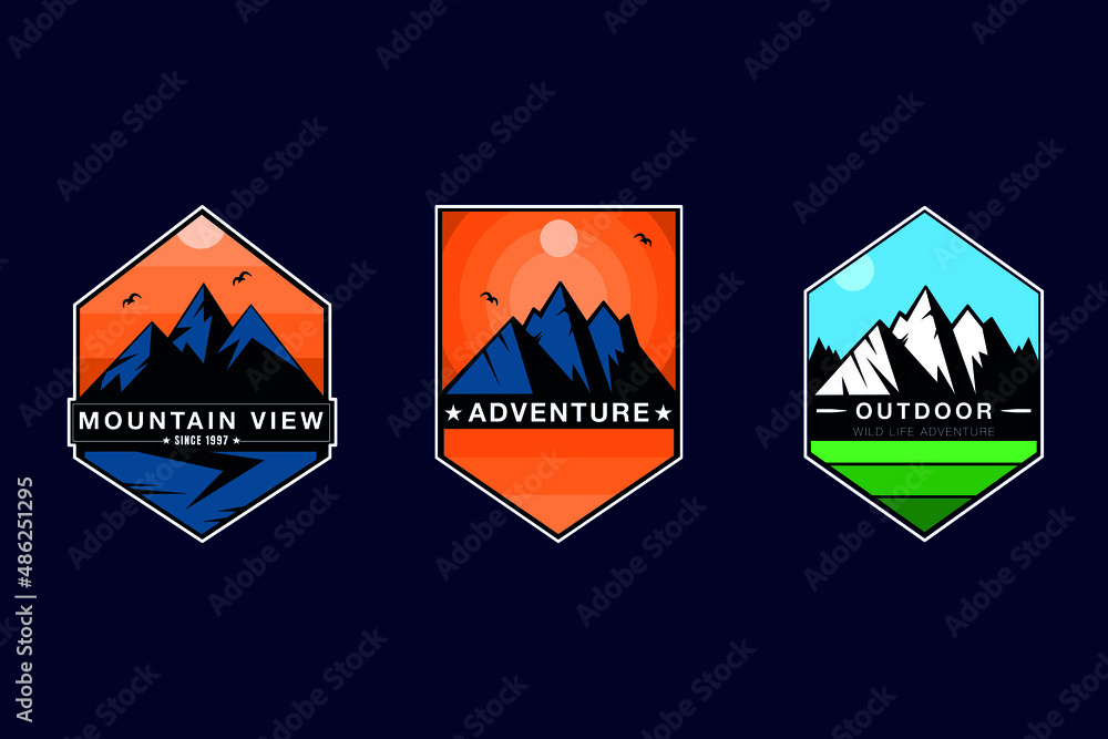 logo badge outdoor adventure with mountain and forest camping 