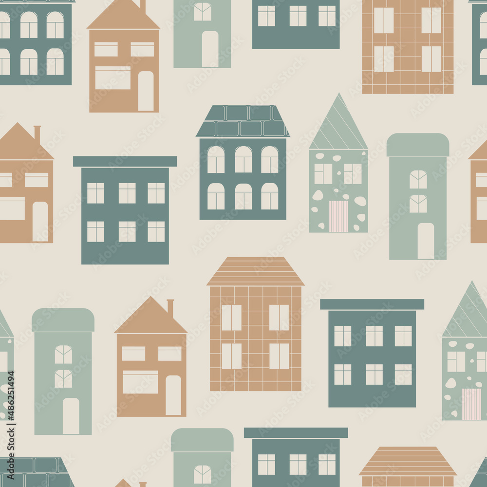 City seamless pattern. Creative background with silhouettes of houses. Geometric print. Vector illustration of a street with a house.
