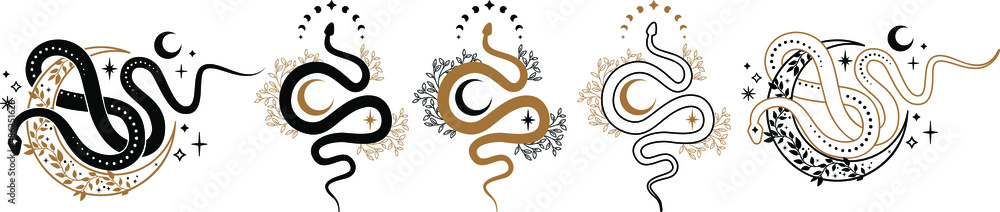 floral snake, magic celestial snake with crescent moon,star and moon ...