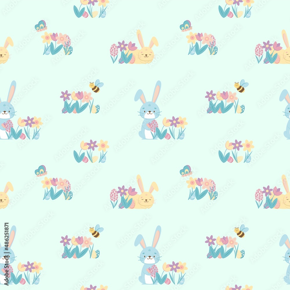 Seamless pattern with sweet and cute blue bunny rabbits, spring flowers, colorful eggs, butterfly and bee on blue background in cartoon flat style. Vector children illustration. Seamless pattern with sweet and cute blue bunny rabbits, spring flowers, colorful eggs, butterfly and bee on blue background in cartoon flat style. Vector children illustration.