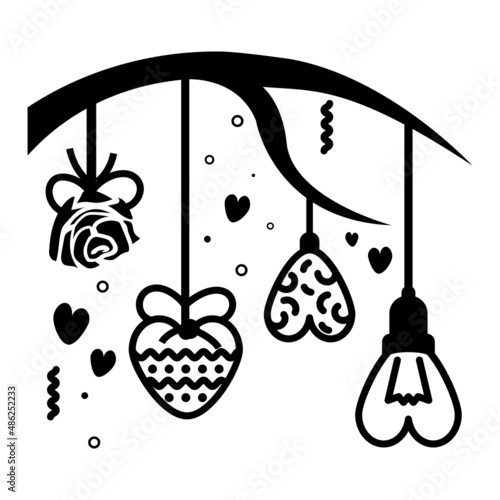 wedding day bunting banner concept, Tree Branches Lighting Lamp Vector Icon Design, Valentines Day Symbol, Love and Romance Sign, Friendship and Love sickness stock illustration