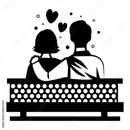 couple sitting on bench back view concept, Husband and Wife togather Vector Icon Design, Valentines Day Symbol, Love and Romance Sign, Friendship and Love sickness stock illustration