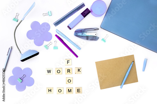 flatlay business, work from home, freelance, copywriting, top view laptop, notebook with work from home note on white background