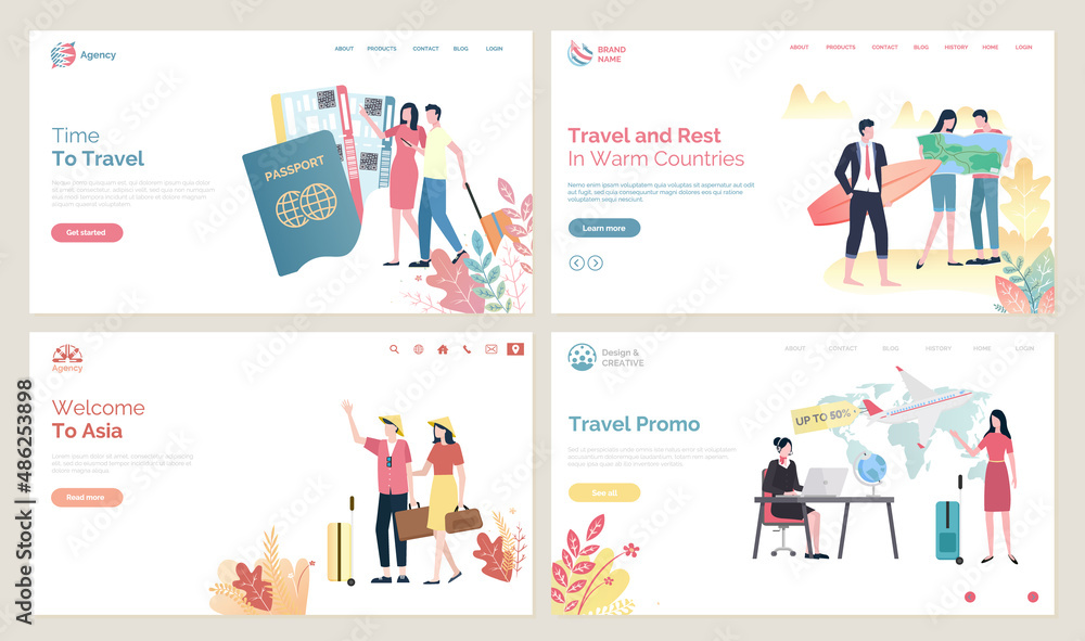 Time to travel vector, people wearing Chinese hats from Asia. Passport and flight tickets, couple with baggage, agency with offer sale on tours. Website or webpage template, landing page flat style