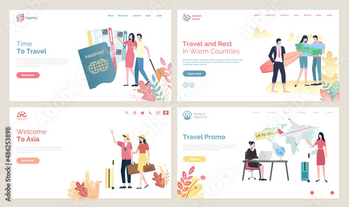 Time to travel vector, people wearing Chinese hats from Asia. Passport and flight tickets, couple with baggage, agency with offer sale on tours. Website or webpage template, landing page flat style