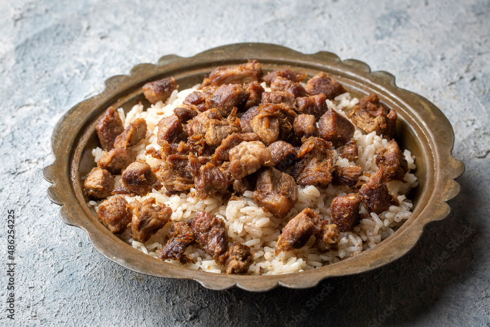 Turkish Meat Et Kavurma with rice - pilav (Turkish name; kurban kavurma, pilav ustu kavurma) Turkish Meat Et Kavurma with rice - pilav (Turkish name; kurban kavurma, pilav ustu kavurma)