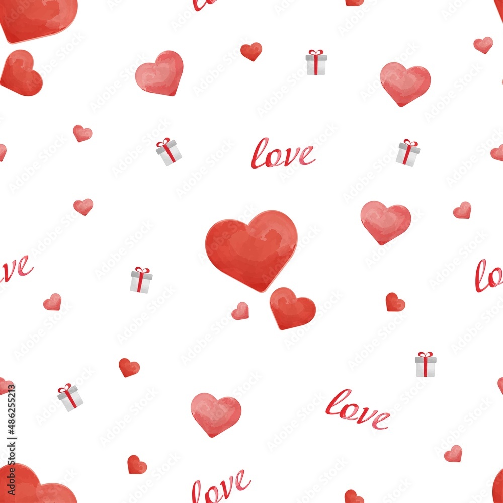 Seamless pattern with red watercolor heart, gift and love for valentine's day, celebration, wrapping paper, gift box