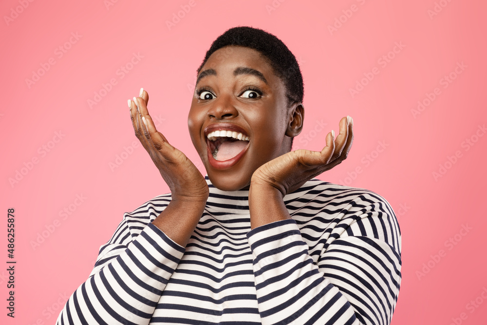 Joyful Black Female Shouting Holding Hands Near Face, Pink Background Joyful Black Female Shouting Holding Hands Near Face, Pink Background
