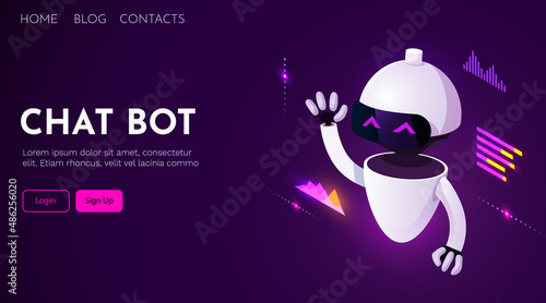 Website landing home page with robot. Chatbot or AI concept. Modern android. Chat bot banner template. Web banner design.