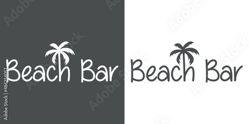 Banner con texto Beach Bar con letra con forma de silueta de palmera en fondo gris y fondo blanco