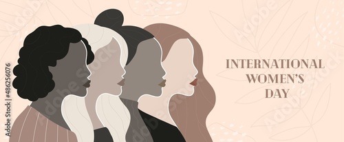 Vector International Women's Day horizontal banner with happy women different nationalitie. 8th march poster. Pastel background for web, banner.