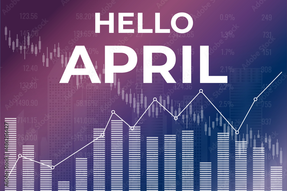 Fototapeta premium Text Hello April on magenta and blue finance background
