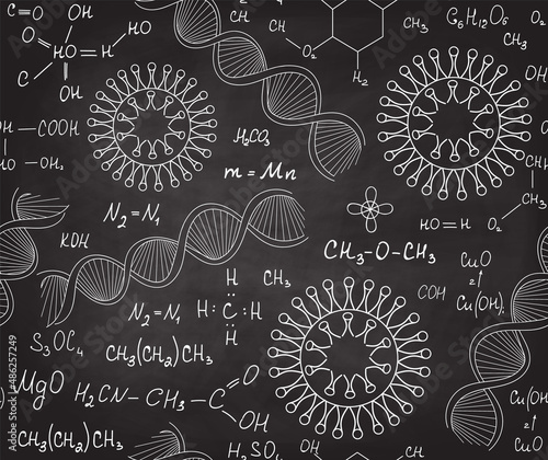 Scientific vector seamless background with coronavirus handwritten icons and chemistry formulas