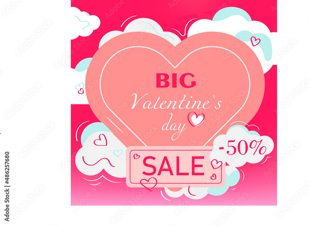 pink banner for valentine's day about discounts in flat style