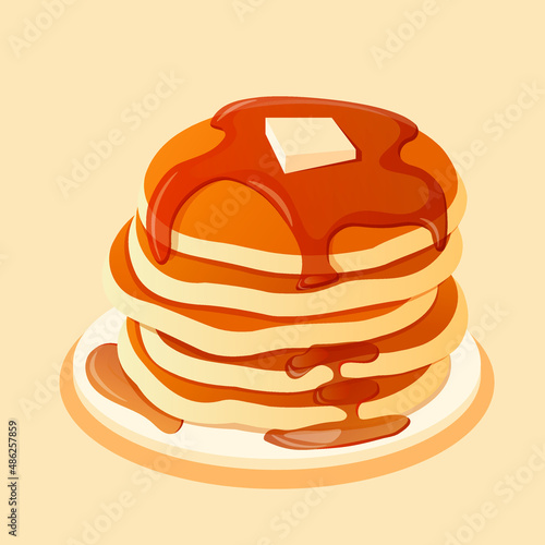 fluffy sweet pancakes with syrup and butter for breakfast