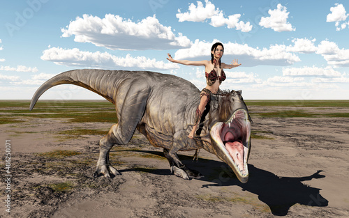 Frau reitet auf dem Dinosaurier Tyrannosaurus Rex in einer Landschaft photo