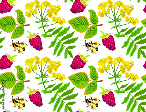 Vector floral pattern with raspberry, yellow flower, leaves and bees