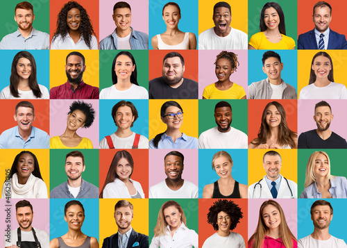 Cheerful multiracial men and women posing on colorful backgrounds
