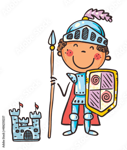Child in costume of fairytale character like knight, cartoon clipart