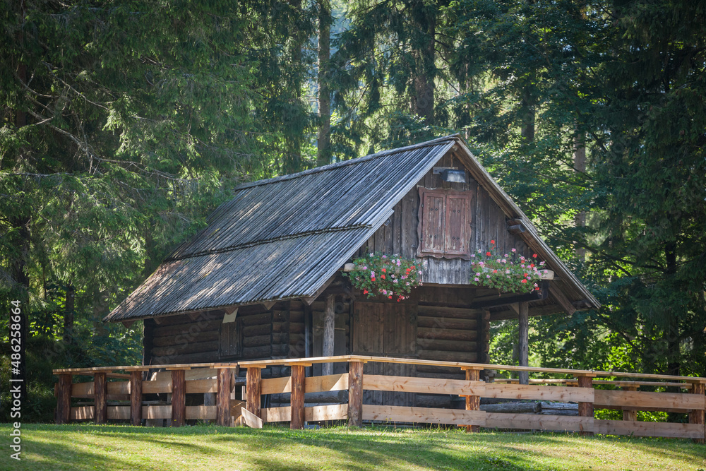 Small wooden shed, a slovenian chalet made of wood, in the middle of a small mountain glade in the middle of the Julian alps, in the Julijske Alpe of Slovenia... Small wooden shed, a slovenian chalet made of wood, in the middle of a small mountain glade in the middle of the Julian alps, in the Julijske Alpe of Slovenia...