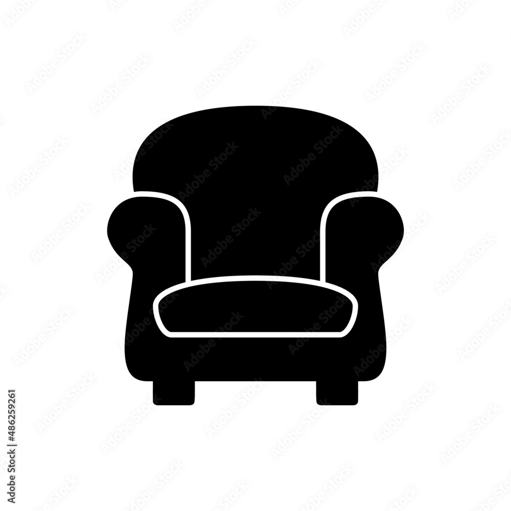 Armchair icon in black flat glyph, filled style isolated on white background Armchair icon in black flat glyph, filled style isolated on white background