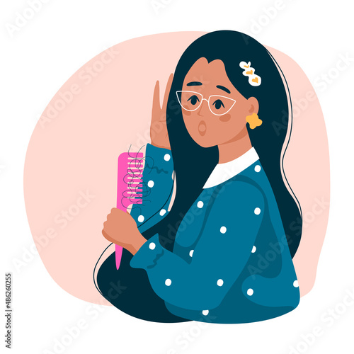 Girl combing her long hair. Concept of alopecia, hair problems, hair loss, baldness. Vector cartoon illustration.