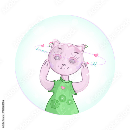 Vector kitten in love snuggling her hands over cheeks, face, dressed in green dress decorated by transparent flowers. Cat's head framed by circle decorated by hearts and love message, text, greeting.