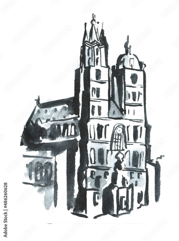 European church architecture. Gothic temple.Catholic church. Watercolor drawing illustration