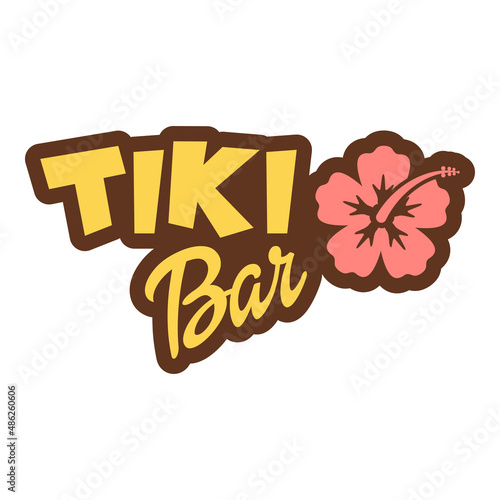 Beach bar. Banner con texto Tiki Bar con silueta de flor de hibisco en varios colores