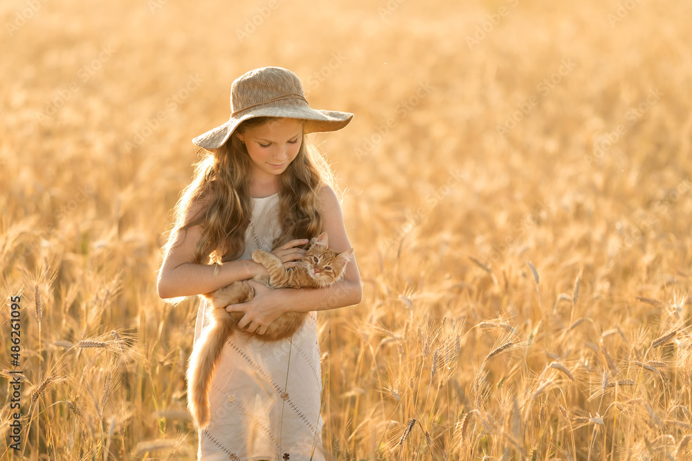 Obraz premium girl in a field with a cat